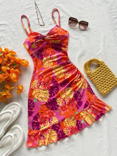 Soleia Women's Asymmetrical Ruffle Hem Tropical Floral Print Bodycon Mini Dress, Suitable For Beach, Music Festival, Summer Boho Style,Sun Dress