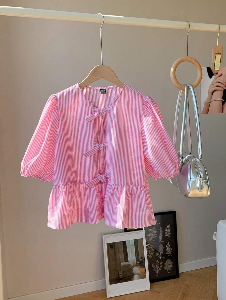 Comfortcana 女款短袖泡泡袖條紋襯衫配蝴蝶結，修身剪裁 - 粉色 - 查看 1