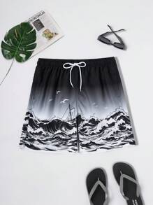 Surfspeed Men's Vacation Beach Wave Print Drawstring Loose Fit Beach Shorts - Black and White - View 1