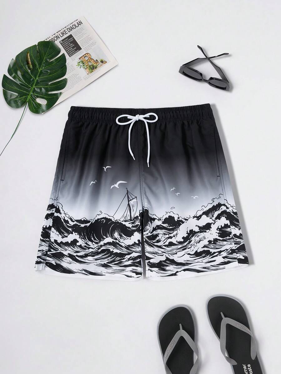 Surfspeed Men's Vacation Beach Wave Print Drawstring Loose Fit Beach Shorts - Black and White - View 1