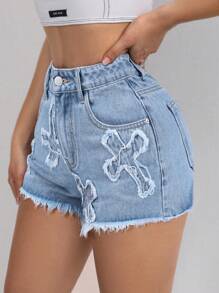 SHEIN ICON Cross Patch Women's Pockets Denim Shorts - Light Wash - View 7