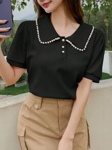 DAZY Women's Summer Faux Pearl Decorated Polo Neck Short Sleeve Casual T-Shirt