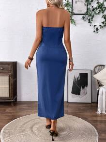 SHEIN Clasi Women's Solid Color Buttoned Bustier Top And Thigh Split Skirt, Summer Sexy 2pcs Set - Blue - View 2