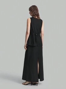 Ontre 2 件套女士纯色简约无袖上衣和裙子套装，适合休闲、校园、户外、秋季穿着 - 黑色 - 查看 2