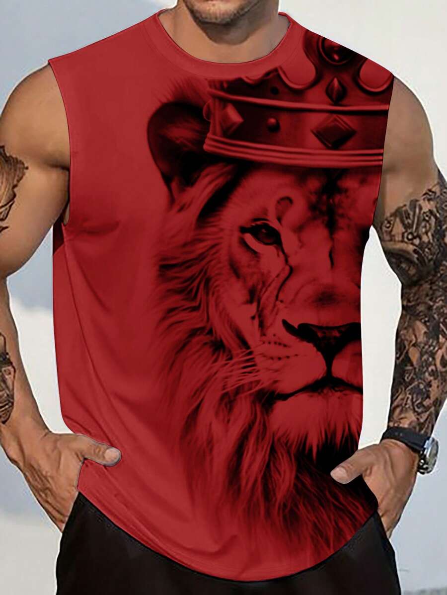 Manfinity Roughcore Camiseta de tirantes holgada casual de cuello redondo con estampado de león para hombre, verano, vacaciones - Burdeos - Ver 1