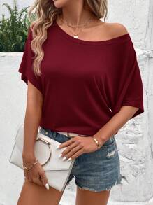 SHEIN LUNE 女款夏季純色不對稱領蝙蝠短袖寬鬆休閒T恤 - 乾枯玫瑰色 - 查看 4