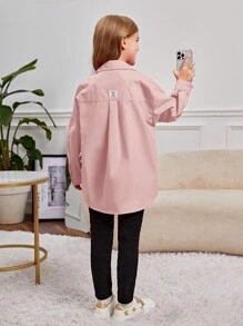 SHEIN Tween Girls' Woven Solid Color Shirt With Turn-Down Collar, Loose-Fit And Long Sleeve For Vacation