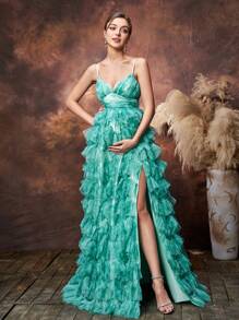 Faeriesty Rochie Dressalisa Maternity cu decolteu adânc și tiv în straturi, model slip, pentru fotografie - Verde - Vizualizare 4