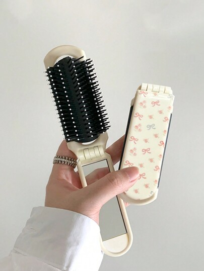 Kawaii 1pc Butterfly & Flower Back To School Print Folding Comb With Mirror, Portable Pocket Comb