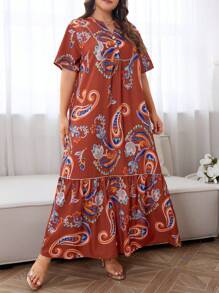 Al Najma Plus Paisley Print Ruffle Hem Smock Dress For Summer Vacation - Multicolor - View 4