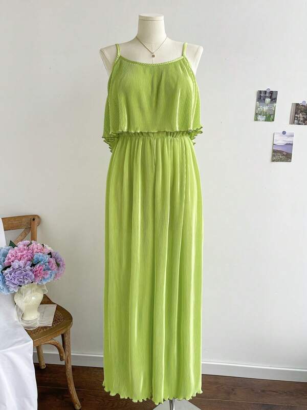 Dreamara Plus Size Women's Green Pleated Matte Satin Casual Fit Casual Jumpsuit With Wide Straps, 2 Pieces, Vacation Style