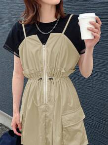 FRIFUL Solid Zip Front Drawstring Waist Flap Pocket Cami Dress For Summer Sundress - Khaki - View 6