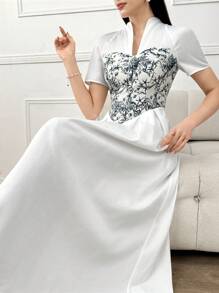 Modelyn Blumen Muster Kurzarm Kleid Lange Abendkleider