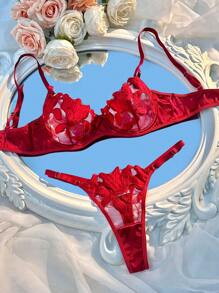 2件套女士性感刺绣网眼外出内衣 - 酒紅色 - 查看 5