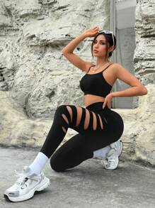 Slayform Women's Solid Color Athletic Running Leggings With Distressed Holes For Workout Outfit Yoga Pants - Black - View 7