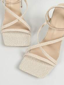 女款性感杏色高跟鞋，優雅方頭踝帶粗跟涼鞋 - 杏色 - 查看 8