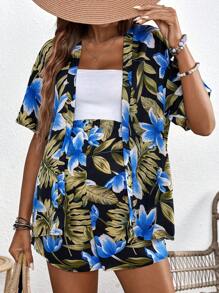 SHEIN 孕妇夏季度假热带印花和服和短裤 - 彩色 - 查看 3