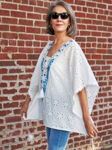 SHEIN LUNE Contrast Graphic Print Tie Front Eyelet Embroidery Top For Summer Vacation - White - View 3
