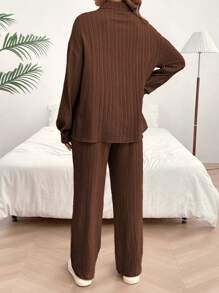 SHEIN Maternity Solid Long Sleeve Top & Pants & Drop Shoulder Shirt For Spring & Summer - Coffee Brown - View 2