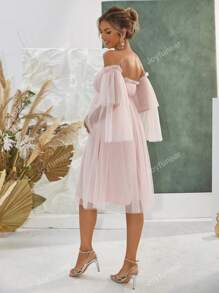 Joyfunear Elegant Maternity Off Shoulder Ruffle Sleeve Mesh Dress