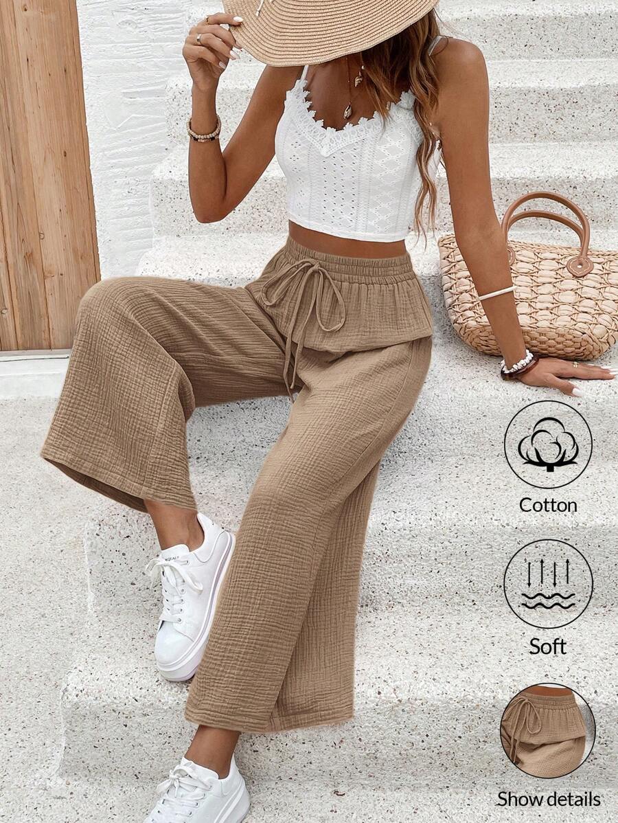 SHEIN Frenchy Top corto de tirantes con encaje y pantalones anchos de pierna para vacaciones de verano - Camel - Ver 1