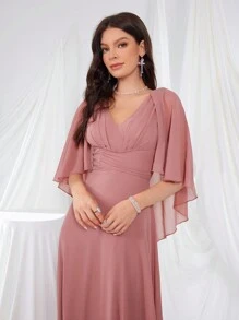 UNITHORSE Batwing Sleeve V-Neckline Pressed Pleats Chiffon Dress With Waist Detailing Bridesmaid Dress - Dusty Pink - View 5