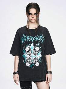 ROMWE Grunge Punk Street Style Cool Casual Snowflake Distressed Skull Chain Star Contrast Slogan Print Loose Knitted Women's T-Shirt - Black - View 6