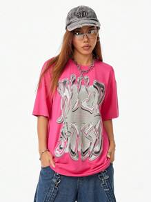 Coolane 女士 Streetwear Y2K 图案大码 T 恤 - 玫紅色 - 查看 1