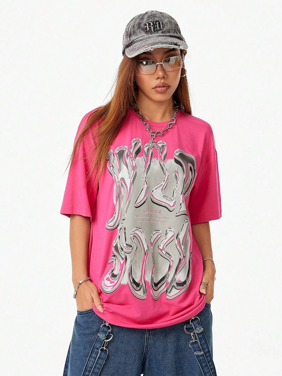 Coolane 女士 Streetwear Y2K 图案大码 T 恤 - 玫紅色 - 查看 1