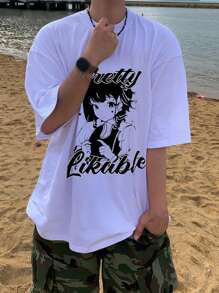 DAZY Men's Summer Cartoon Character & Letter Printed Round Neck Casual Short Sleeve T-Shirt Back To School,Graphic Tees - White - View 3