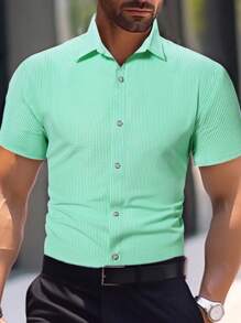 Manfinity Homme Men's Striped Short Sleeve Casual Shirt For Summer Daily Commute - Green - View 3