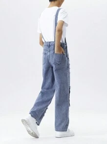 Tween Boys' Street Style Ripped Patchwork Denim Overalls - Medium Wash - View 2