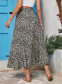 SHEIN VCAY Falda de vacaciones para mujer de longitud media con nudo lateral, estampado floral y dobladillo con volantes - Multicolor - Ver 2