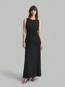 Ontre 2 件套女士纯色简约无袖上衣和裙子套装，适合休闲、校园、户外、秋季穿着 - 黑色 - 查看 4