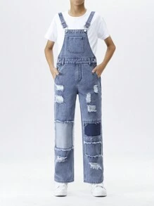 Tween Boys' Street Style Ripped Patchwork Denim Overalls - Medium Wash - View 1