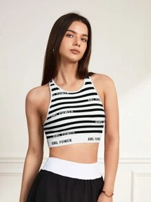 SHEIN Sports Áo ngực thể thao thông thường có sọc chữ cho nữ - Đen và trắng - Xem 4