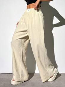 SHEIN EZwear Quần âu nữ ống rộng dệt màu mơ - Màu be - Xem 6