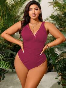 Swim Vcay 1pc Plus Size Solid Color Modest One-Piece Swimsuit Summer - Burgundy - View 6