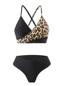 SHEIN Swim Conjunto de bikini sexy con estampado de leopardo y cruzado en el frente para mujer, traje de baño para verano en la playa - Multicolor - Ver 1