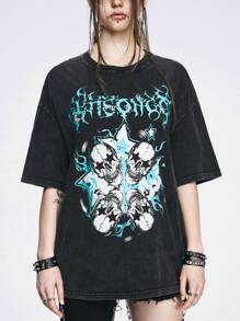 ROMWE Grunge Punk Street Style Cool Casual Snowflake Distressed Skull Chain Star Contrast Slogan Print Loose Knitted Women's T-Shirt - Black - View 1