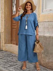 EMERY ROSE Summer Plus Size Women's Buttoned Round Neck Rolled Sleeve Shirt And Wide Leg Loose Pants Two-Piece Set,Spring/Vacation - Teal Blue - View 3