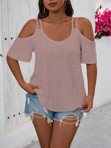 SHEIN Holidaya Plus Size Nữ Màu Trơn Đốt Ra Thêu Hoa Hở Vai Ngắn Áo Thun Cho Kỳ Nghỉ - Bụi hồng - Xem 3