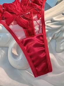 2件套女士性感刺绣网眼外出内衣 - 酒紅色 - 查看 4