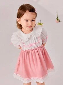 SHEIN Baby Girl Sweet Color-Block Peter Pan Collar Dress, Summer - Pink - View 1