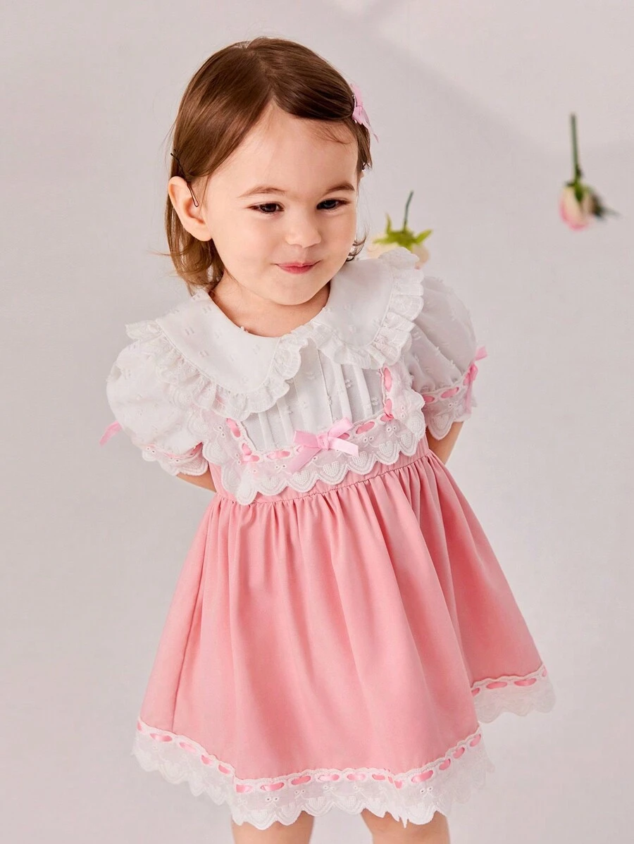 SHEIN Baby Girl Sweet Color-Block Peter Pan Collar Dress, Summer - Pink - View 1