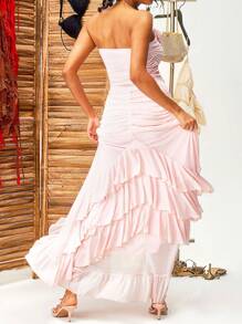 High-Low Ruffle Trim Dress, Ruched Front, 3D Flower Embellishment