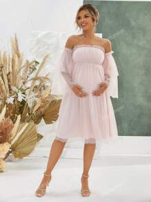 Joyfunear Elegant Maternity Off Shoulder Ruffle Sleeve Mesh Dress