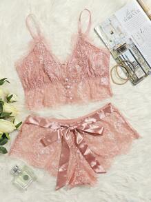 Floral Lace Button Front Bra & Boyshorts Sexy Lingerie Set - Baby Pink - View 6