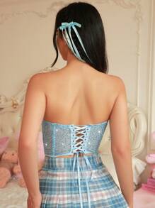 PetitDoll Women's Glitter Mesh Cross Strap Bandeau Bra, Lingerie - Baby Blue - View 2