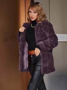 Eilly Bazar Solid Open Front Fuzzy Coat For Winter - Red Violet - View 3